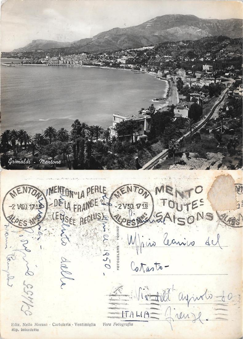 Grimaldi- Mentone. Viaggiata 1950