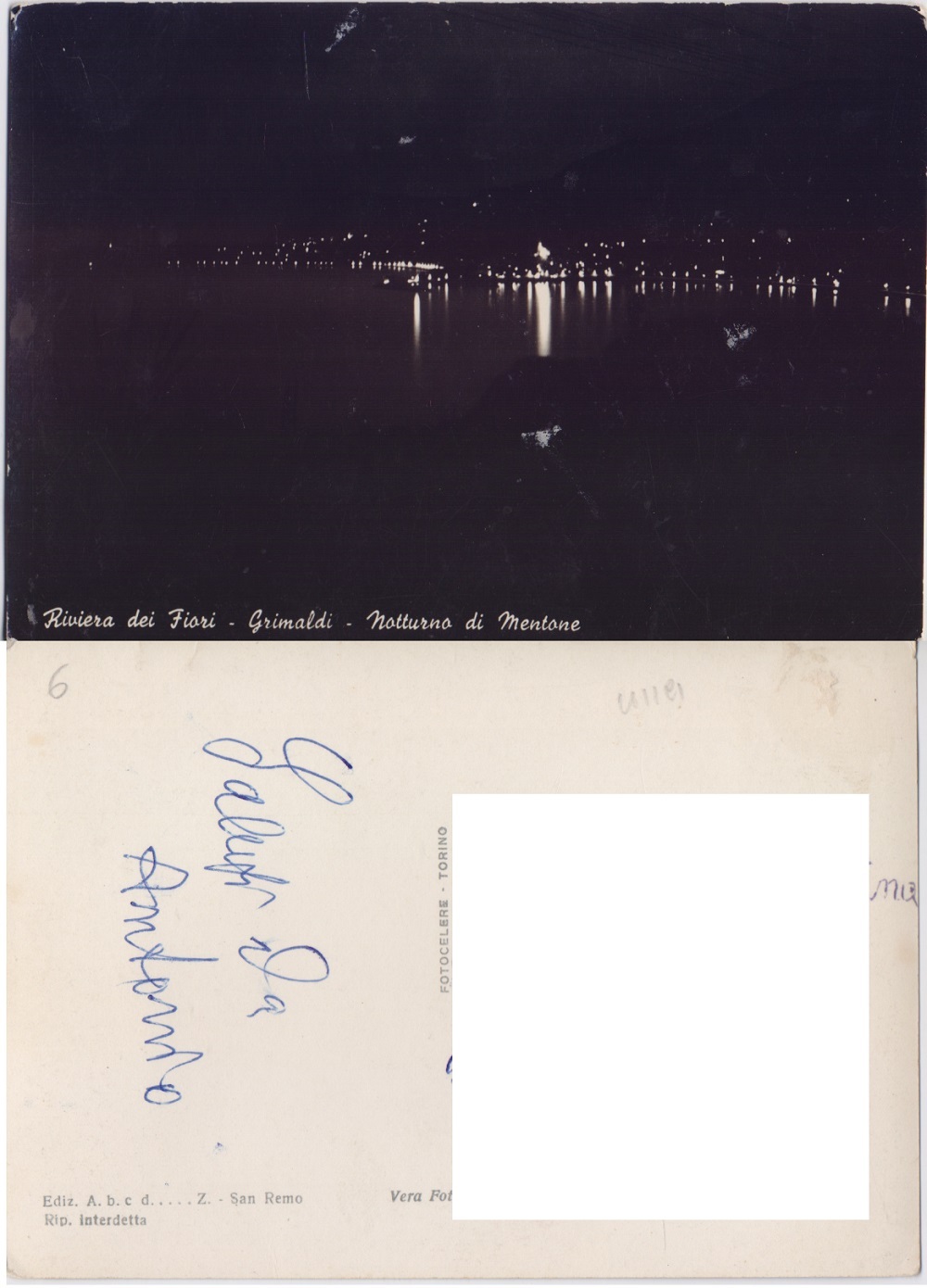 Grimaldi (IM). Notturno di Mentone. Viaggiata
