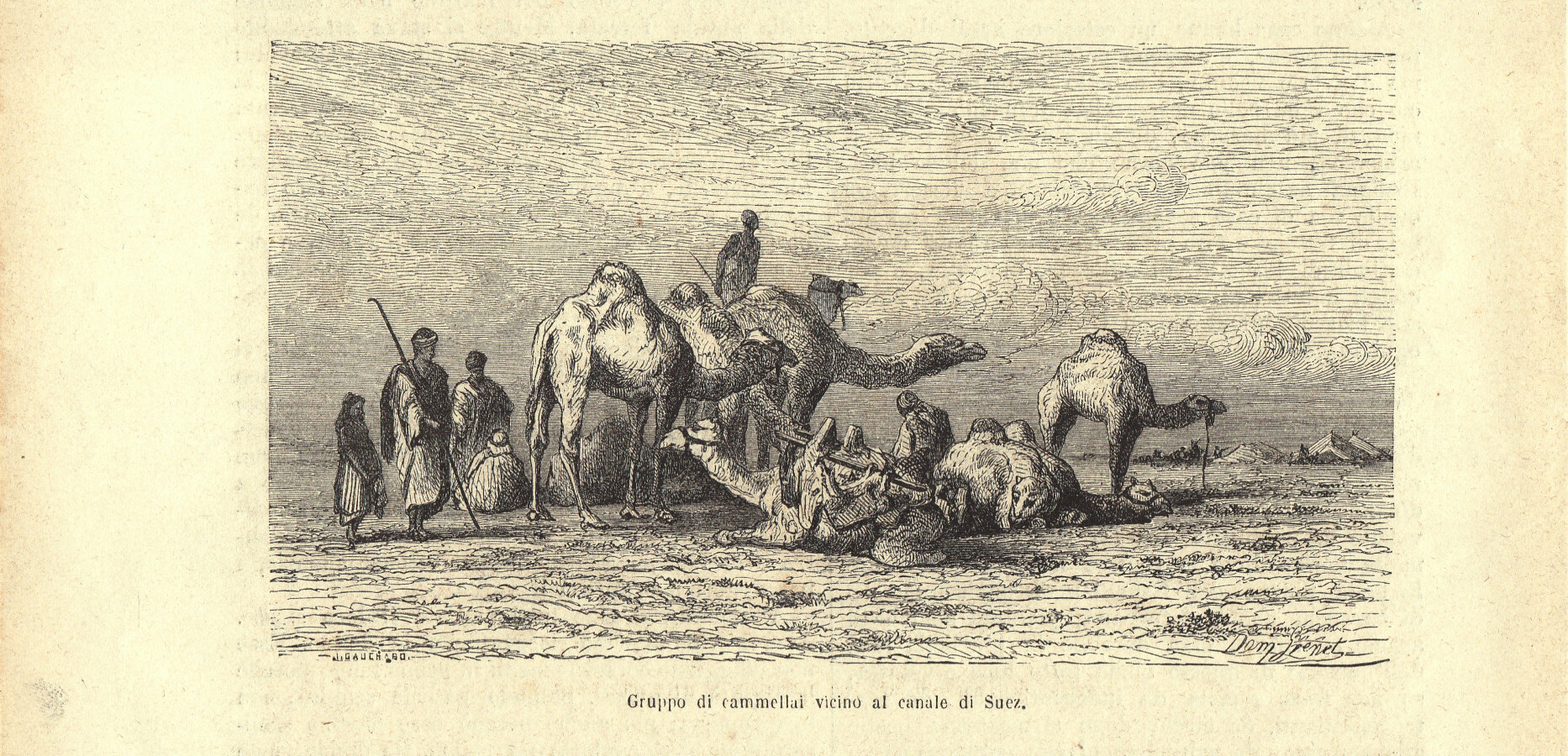 Gruppo di cammellai vicino al canale di Suez. Stampa 1863.