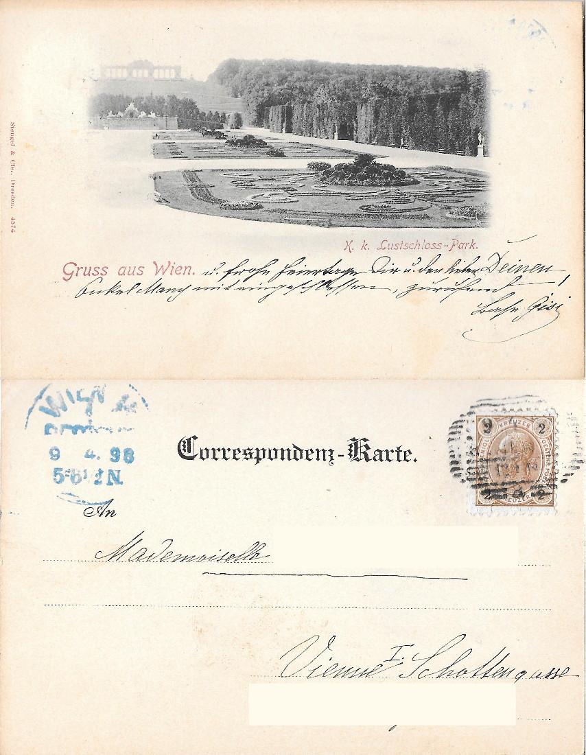 Gruss aus Wien. Lustschloss-Park. Viaggiata 1898