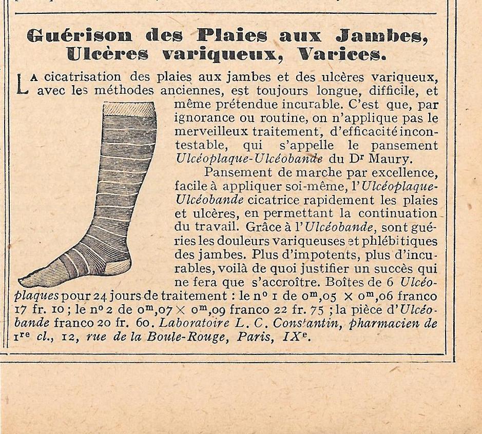 Guerison des plaines aux jambes, ulceres variqueux, varices. Pubblicita 1923