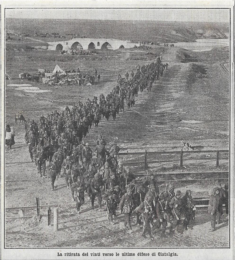 Guerra balcanica. La ritirata dei vinti verso Ciatalgia. Stampa 1912