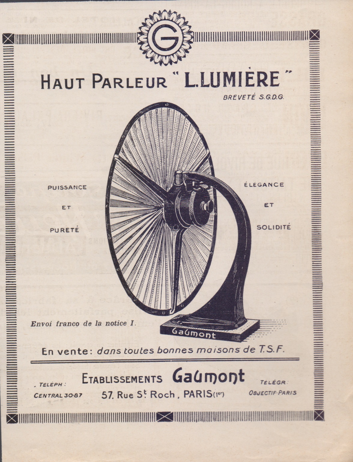 Haut parleur L. Lumiere par Gaumont. Advertising 1923