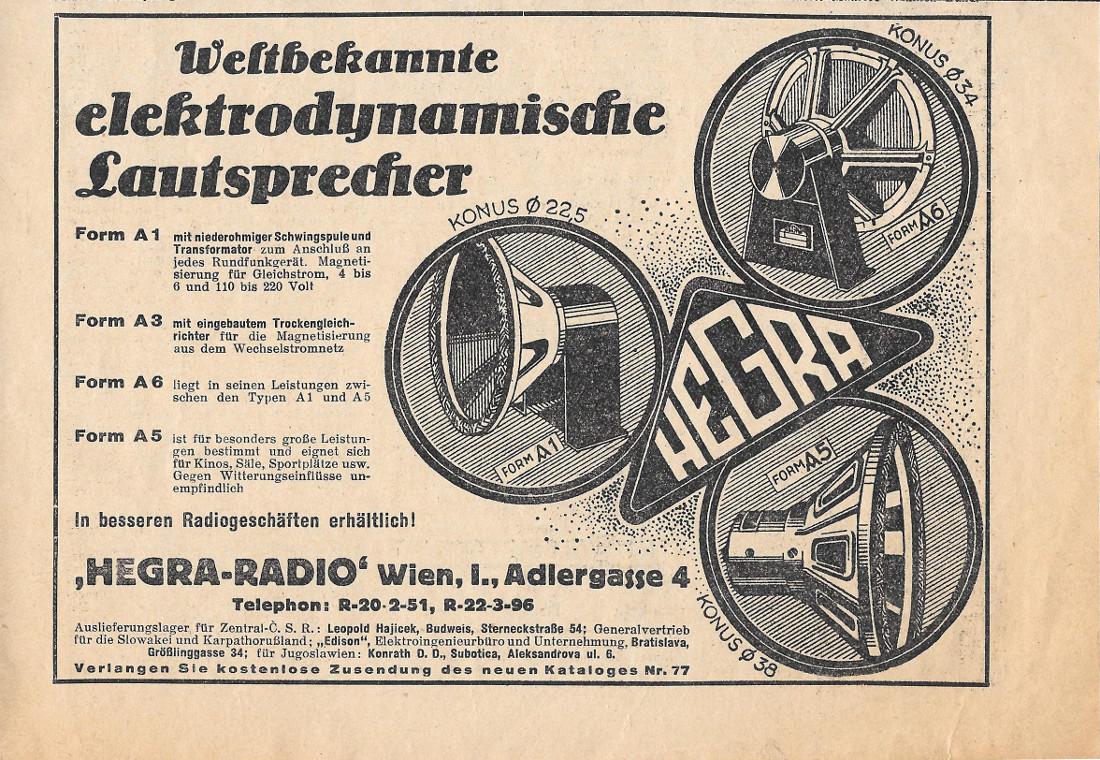 Hegra. Weltbekannte elektrodynamische Lautsprecher. Advertising 1931