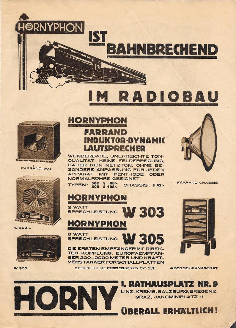 Horny, Graz / Philips Miniwatt. Advertising 1931