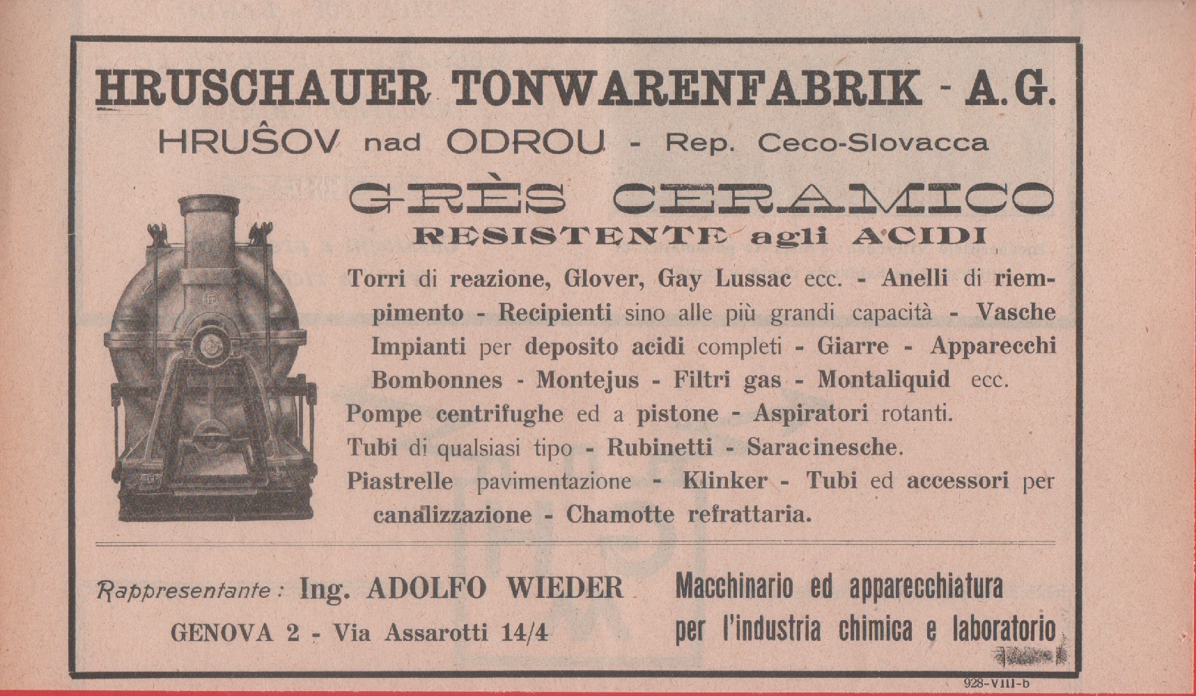Hruschauer Tonwarenfabrik AG. Gres ceramico. Advertising 1926