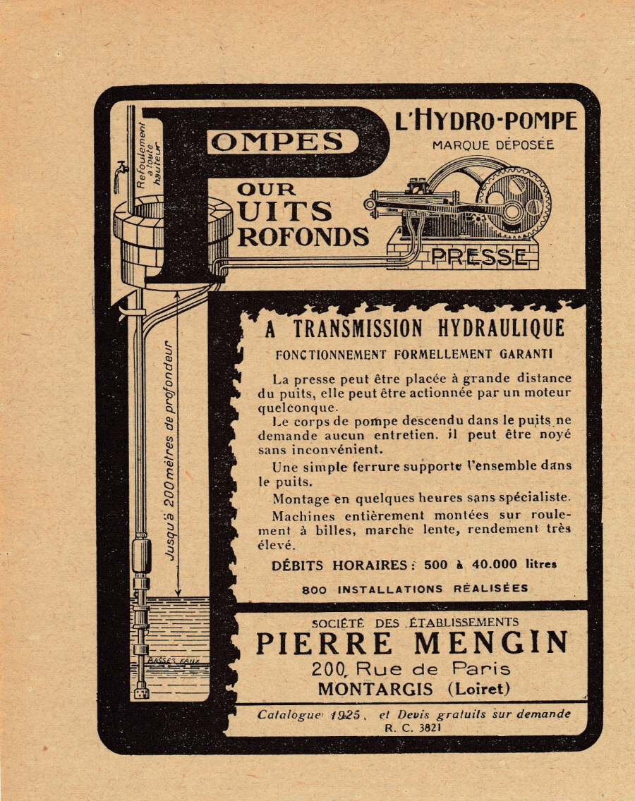 Hydro-pompe Pierre Mengin, Montargis (Loiret). Advertising 1927
