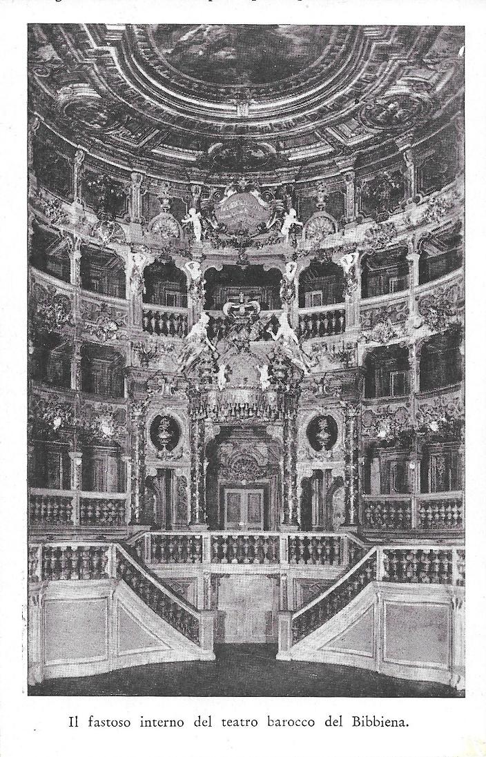 Il famoso interno del teatro barocco di Bibbiena. Stampa 1934