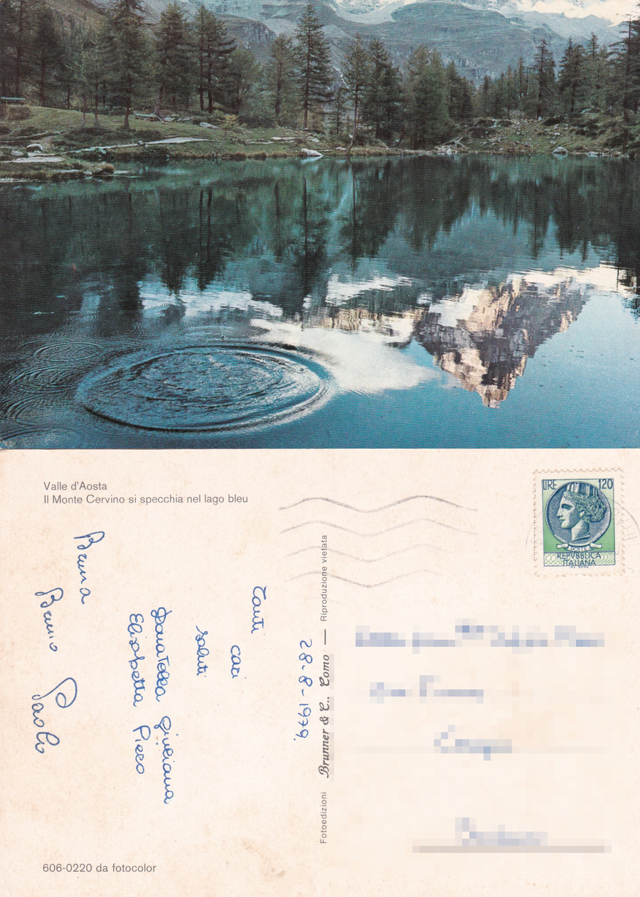 Il Monte Cervino si specchia nel lago blu. Viaggiata 1979