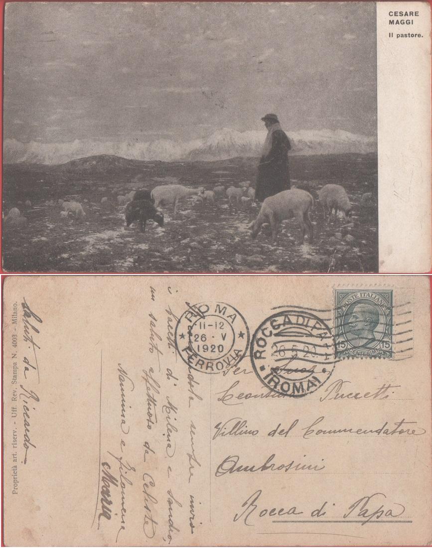 Il pastore. Dipinto di Cesare Maggi. Viaggiata 1920