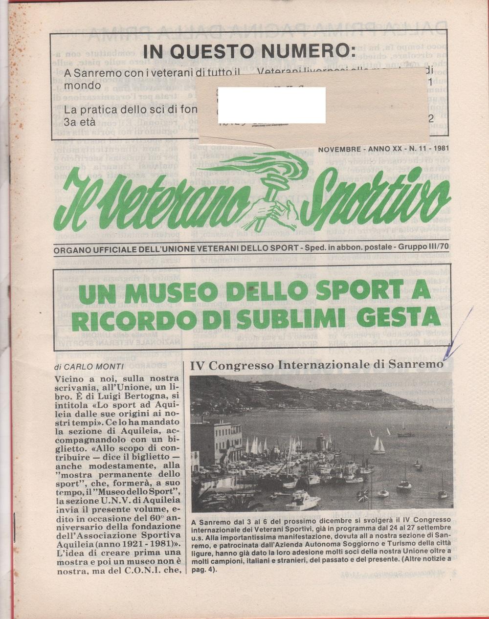 Il veterano sportivo. n. 11 novembre 1981