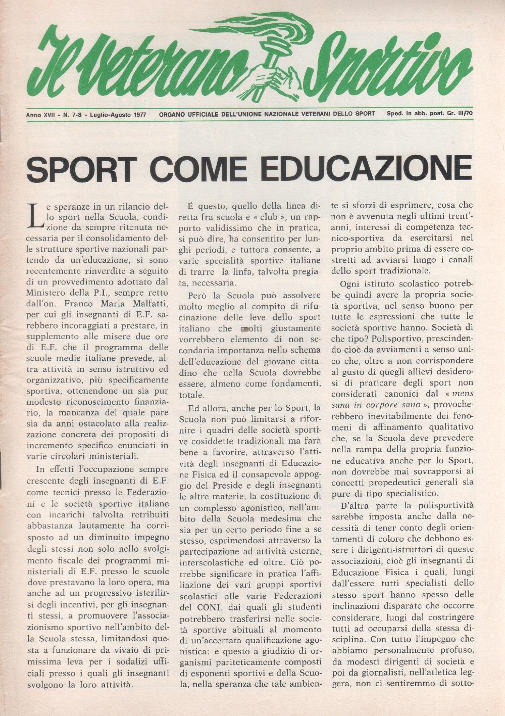 Il veterano sportivo. n. 7/8 luglio/agosto 1977