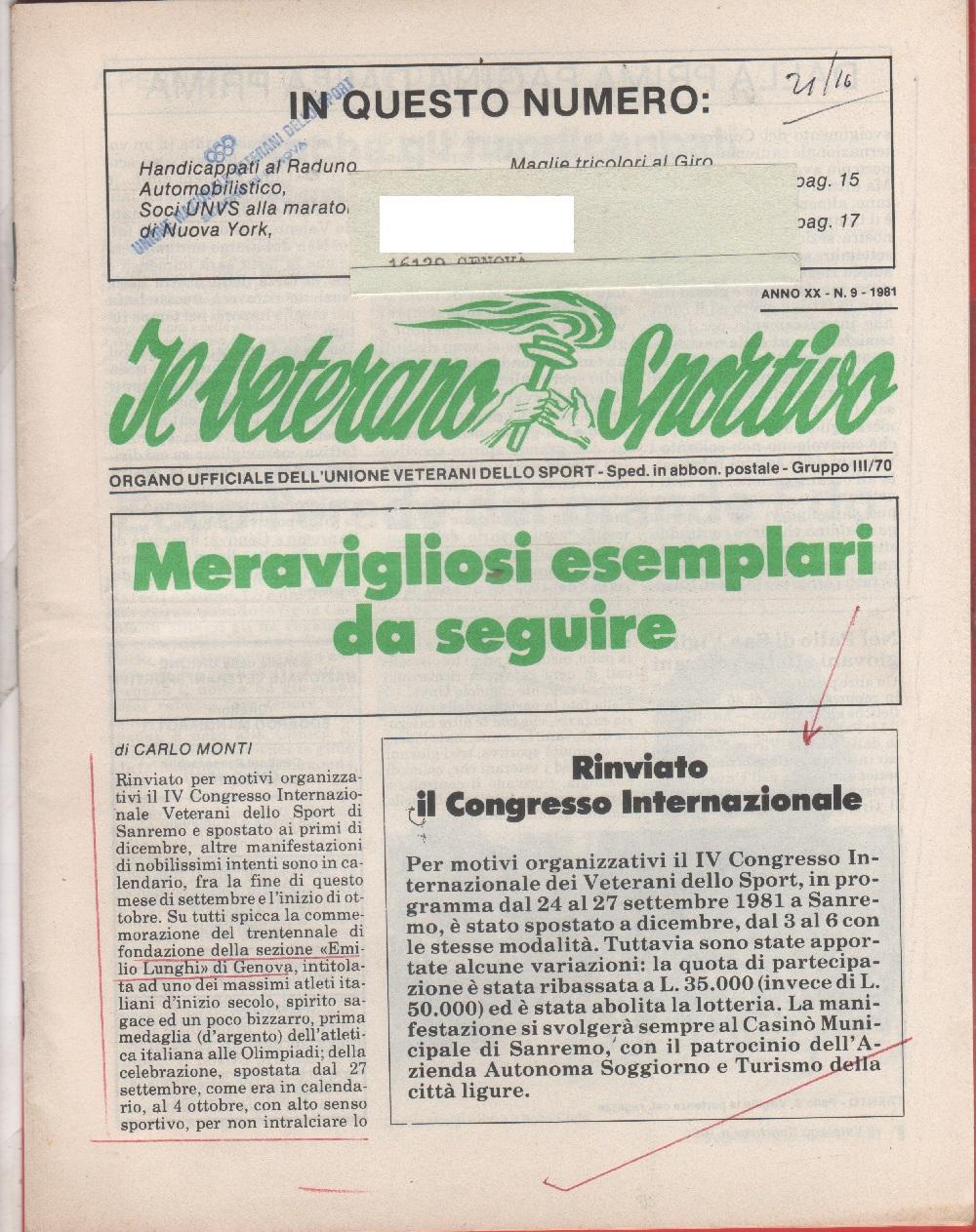 Il veterano sportivo. n. 9 1981