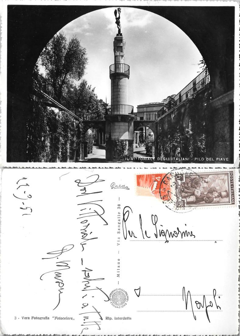 Il Vittoriale degli italiani. Pilo del Piave. Viaggiata 1951