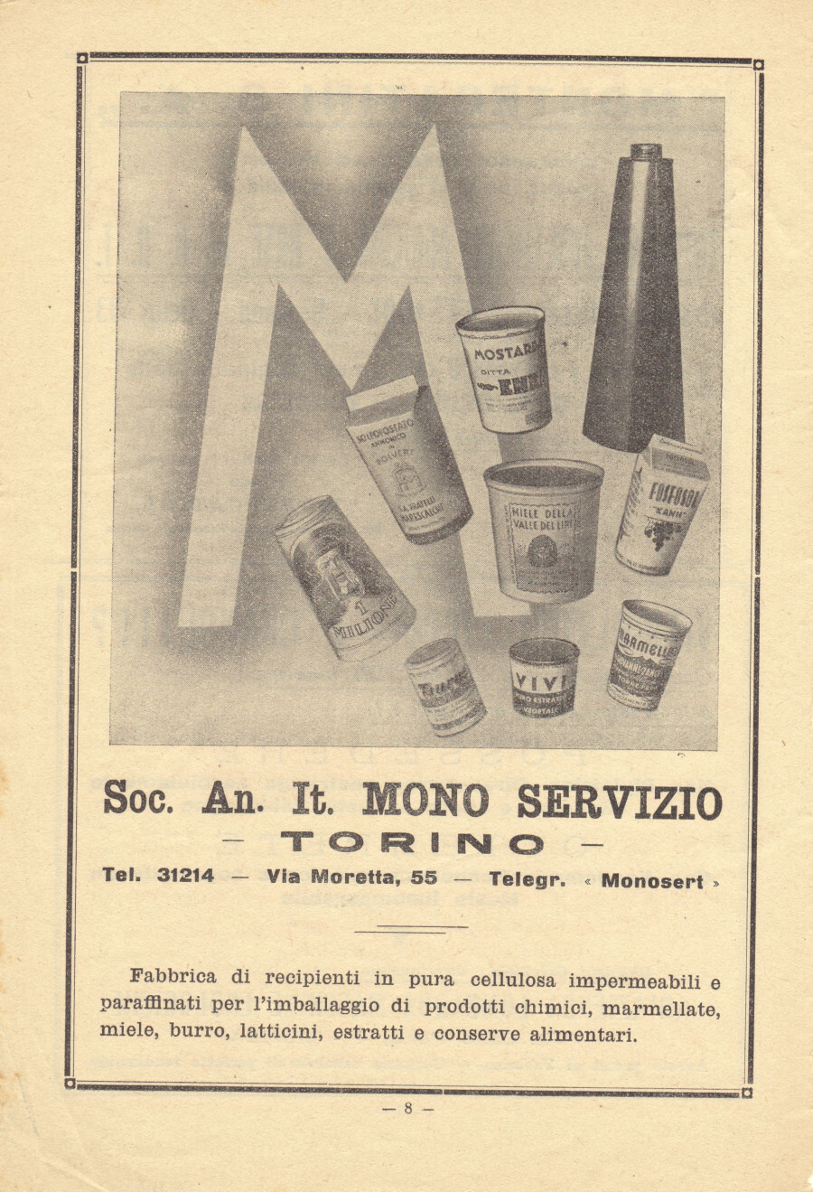 Imballaggi Soc. An. It. Mono Servizio Torino. Advertising 1947