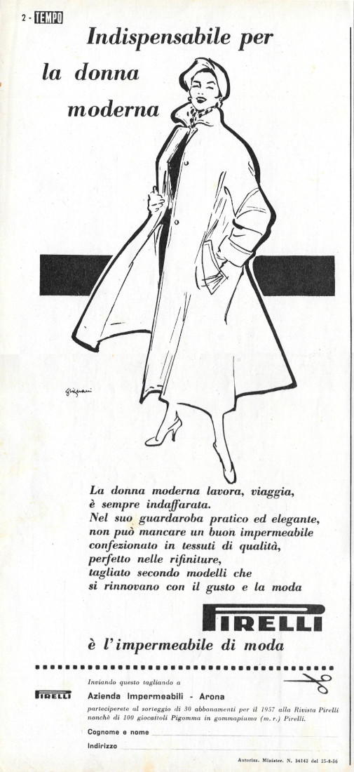 Impermeabile Pirelli. Indispensabile per la donna moderna - Advertising 1956