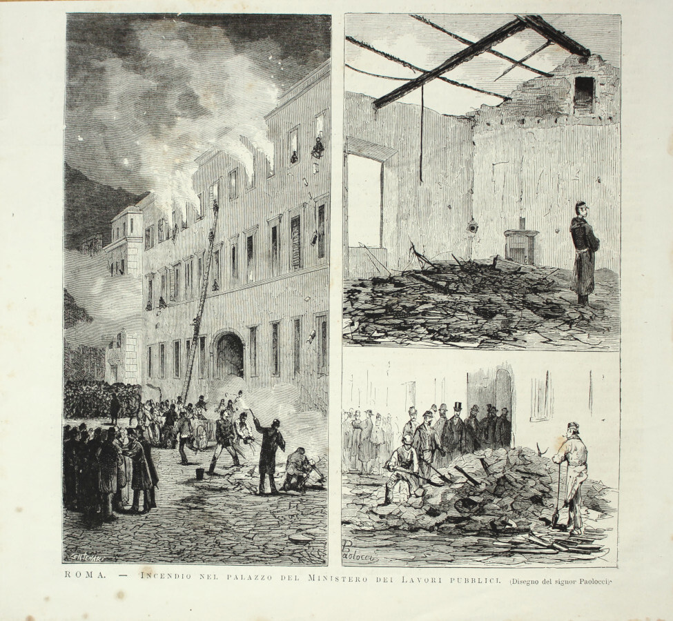 Incendio nel palazzo del Ministero dei Lavori Pubblici. Stampa 1876
