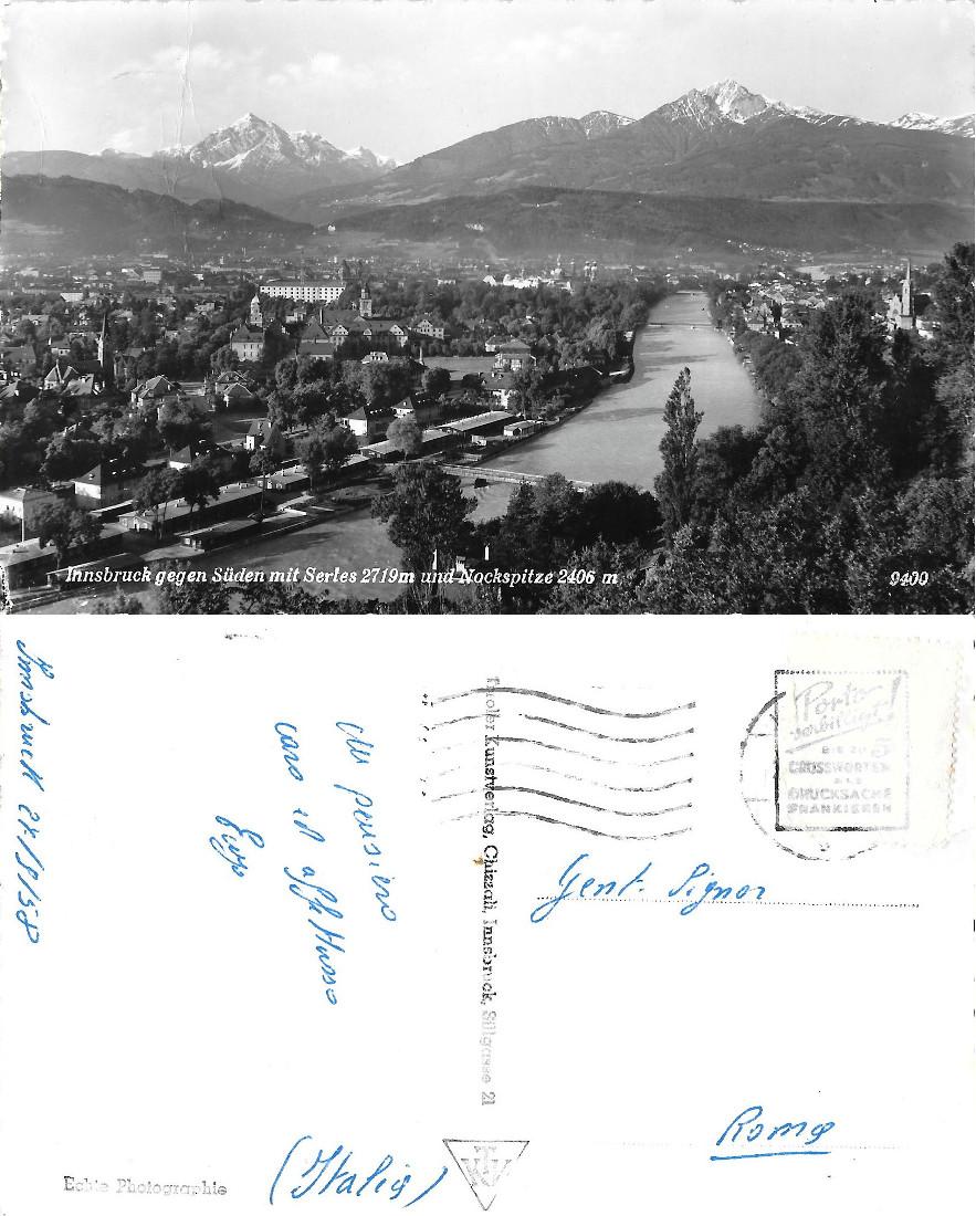 Innsbruck gegen Suden mit Serles und Nockspitze. Viaggiata 1958