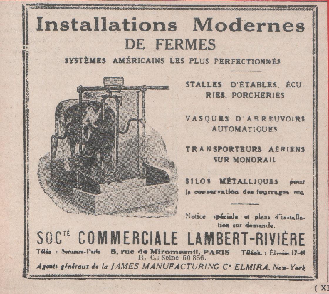Installations modernes de fermes. Soc.te commerciale Lambert-Riviere. Advertising 1924