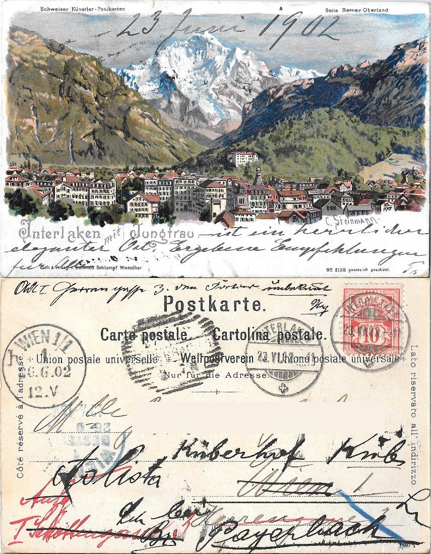 Interlaken mit Jungfrau. Viaggiata 1902