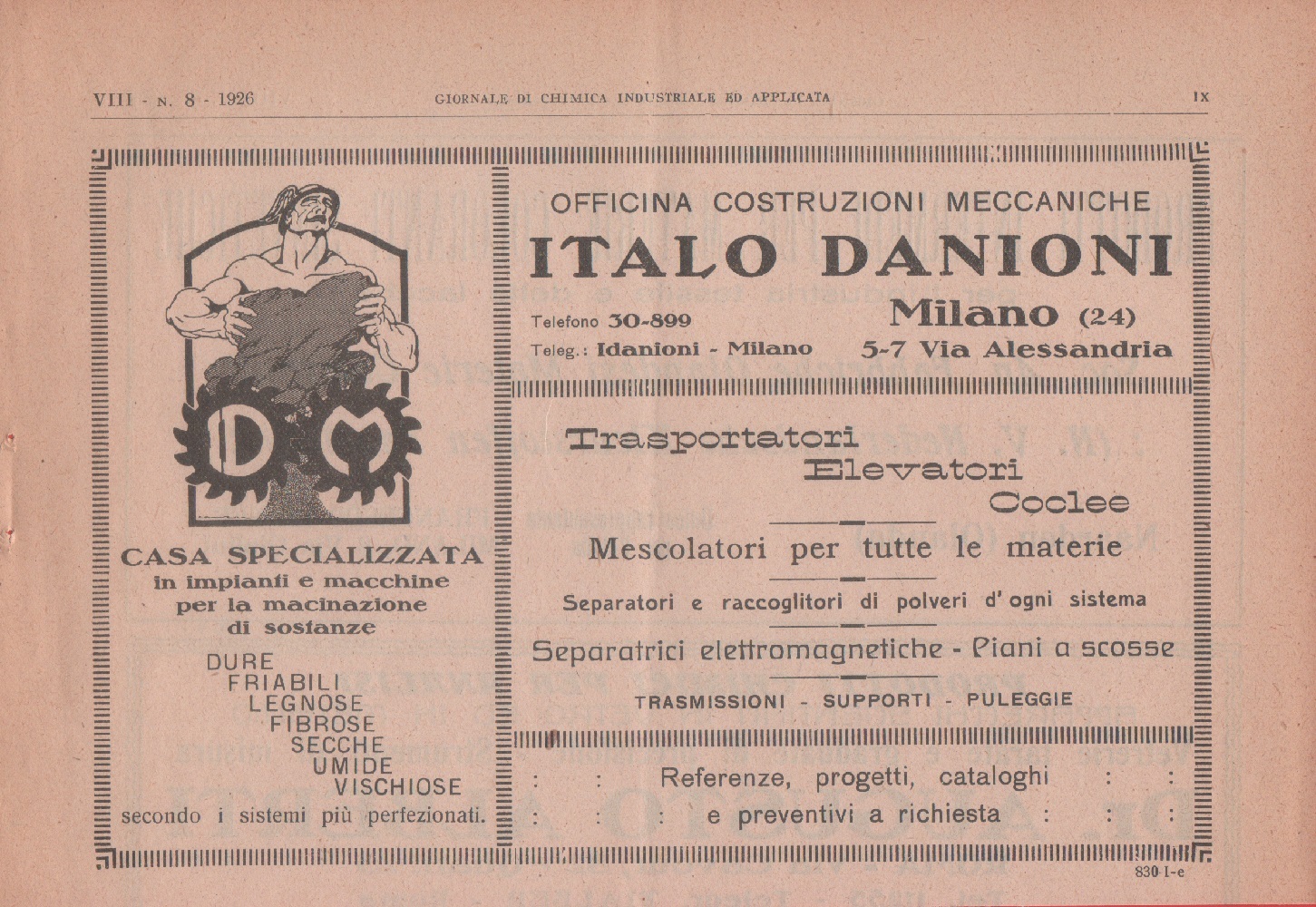 Italo Danioni. Officina costruzioni meccaniche, Milano. Advertising 1926