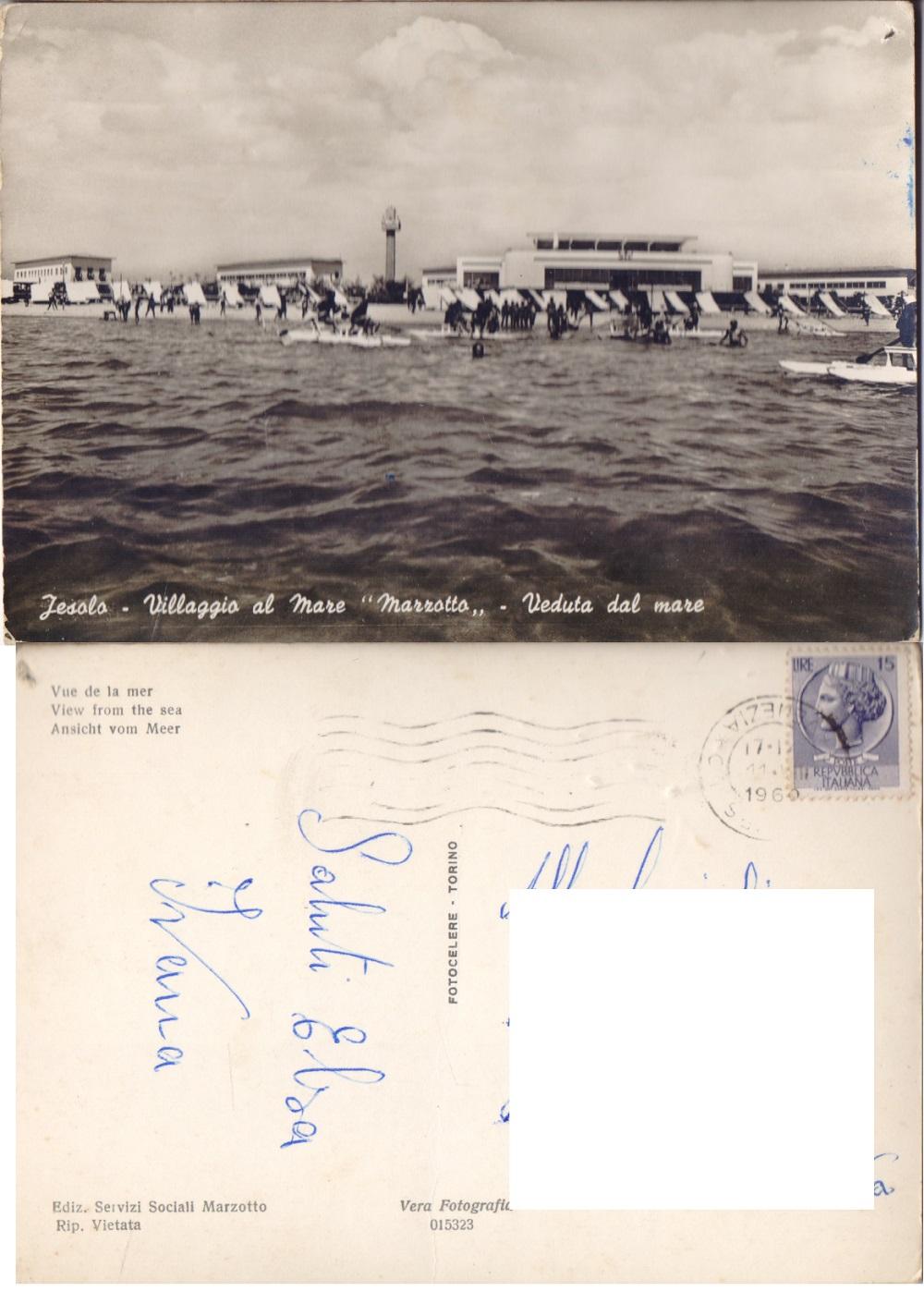 Jesolo. Villaggio al mare "Marzotto". Veduta dal mare. Viaggiata 1960