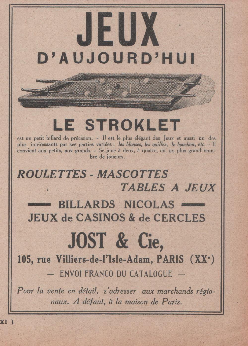 Jieux d'aujoud'hu: le stroklet. Jost &amp; Cie, Paris. Advertising 1926