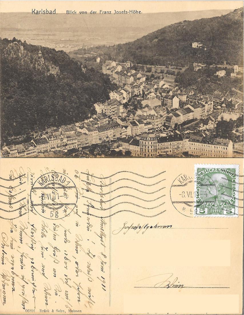 Karlsbad. Blick von der Franz Joseph-Hohe. Viaggiata 1911