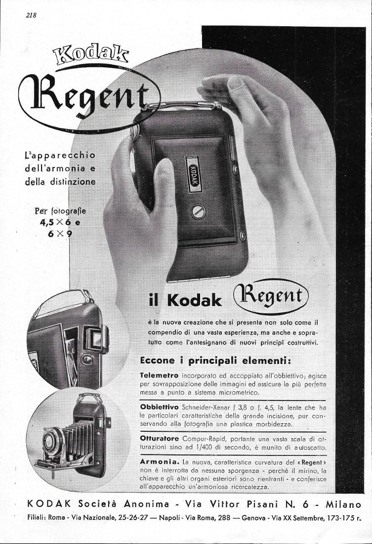 Kodak Regent/Società Nazionale dei Radiatori. Advertising 1942 fronte retro
