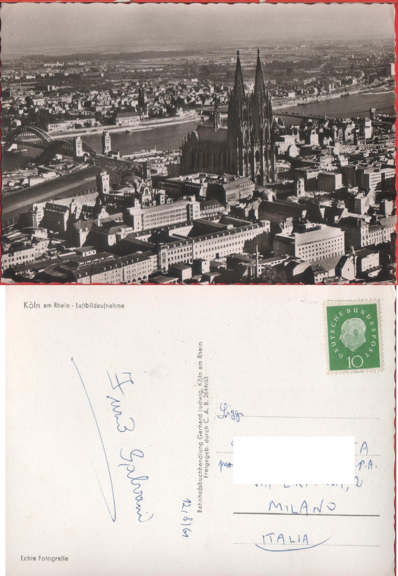Koln am Rhein. Luftbilddaufahme. Viaggiata 1961