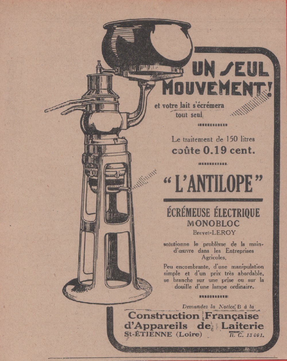 L'antilope. Ecremeuse electrique. Advertising 1928