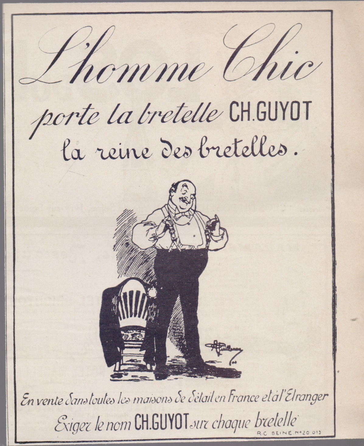 L'homme chic porte la bretelle CH. Guyot. Advertising 1926