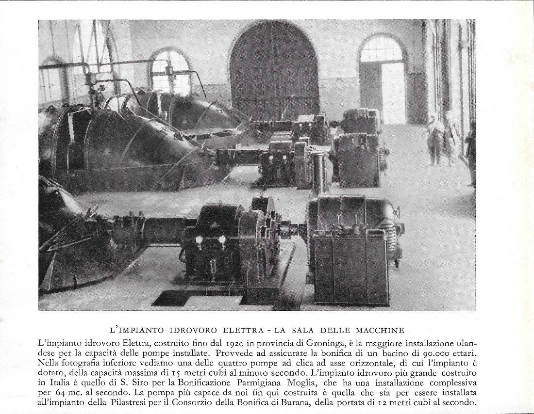 L'impianto idrovoro Elettra. La sala macchine (Olanda). Stampa 1934