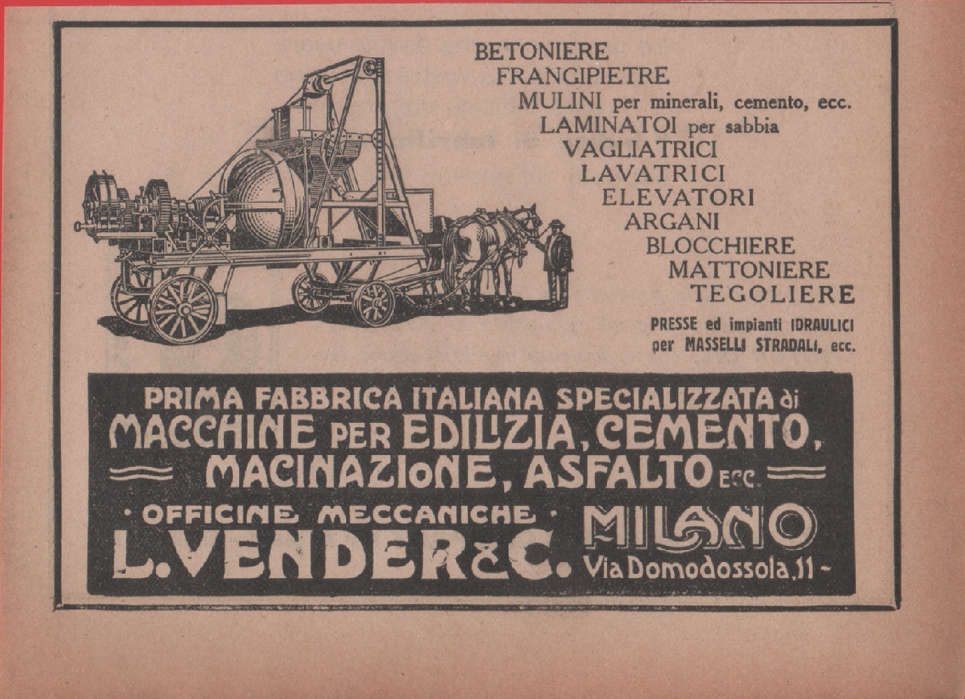 L. Vender &amp; C. Milano. Macchine per edilizia. Advertising 1926
