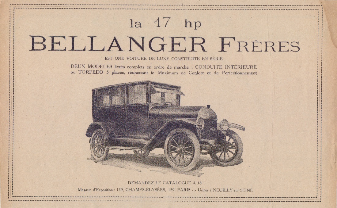 La 17 HP Bellanger Freres. Advertising 1920