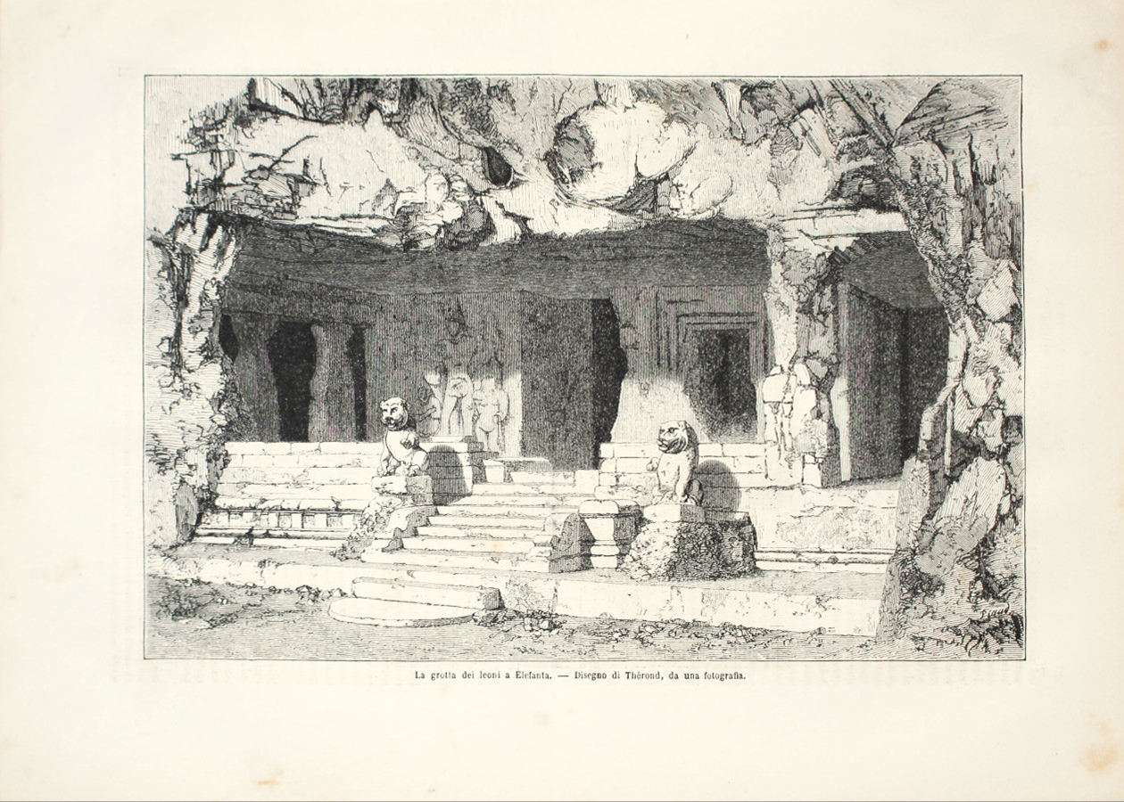 La grotta dei leoni a Elefanta (Malabar). Stampa 1863