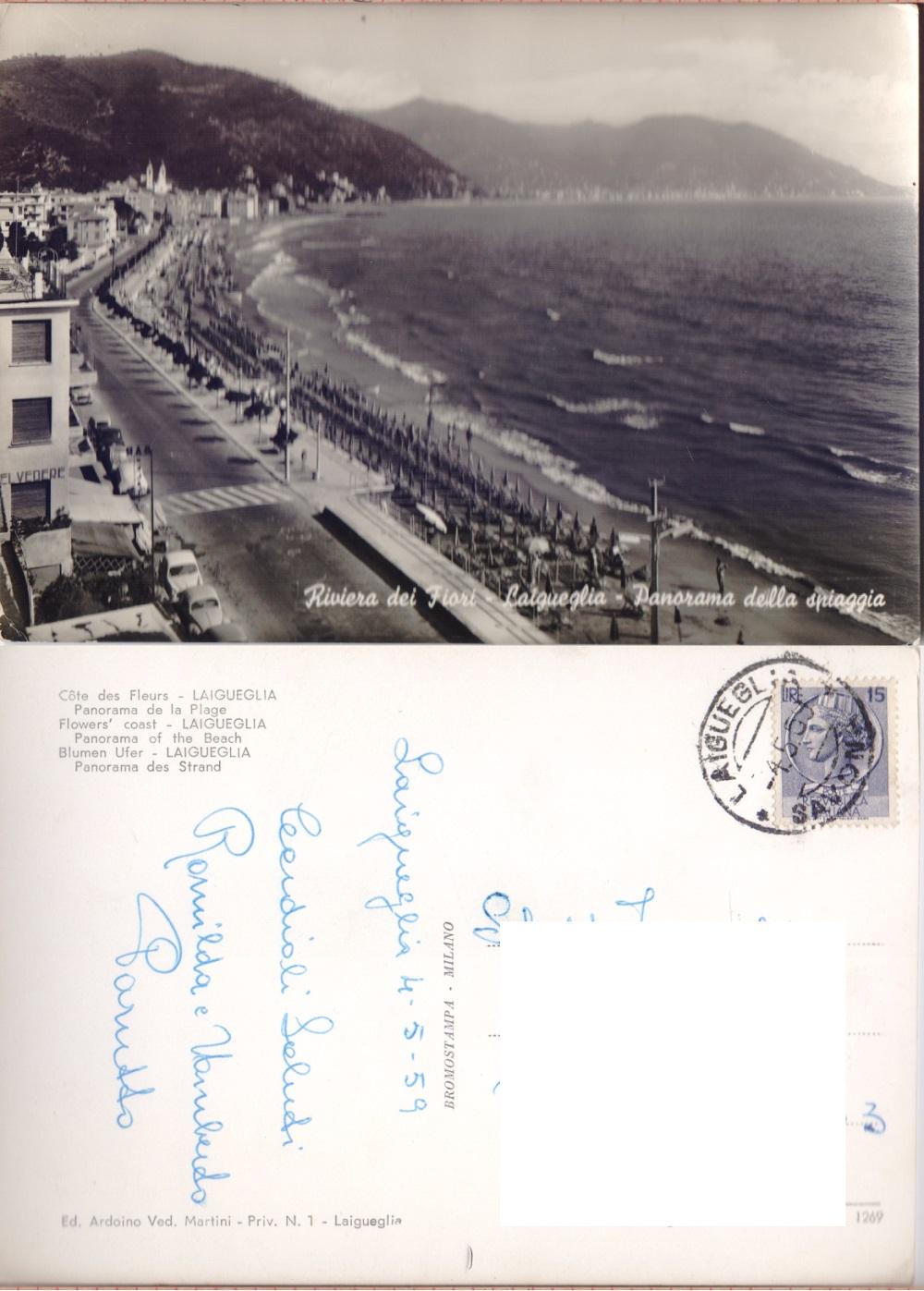 Laigueglia. Panorama della spiaggia. Viaggiata 1959