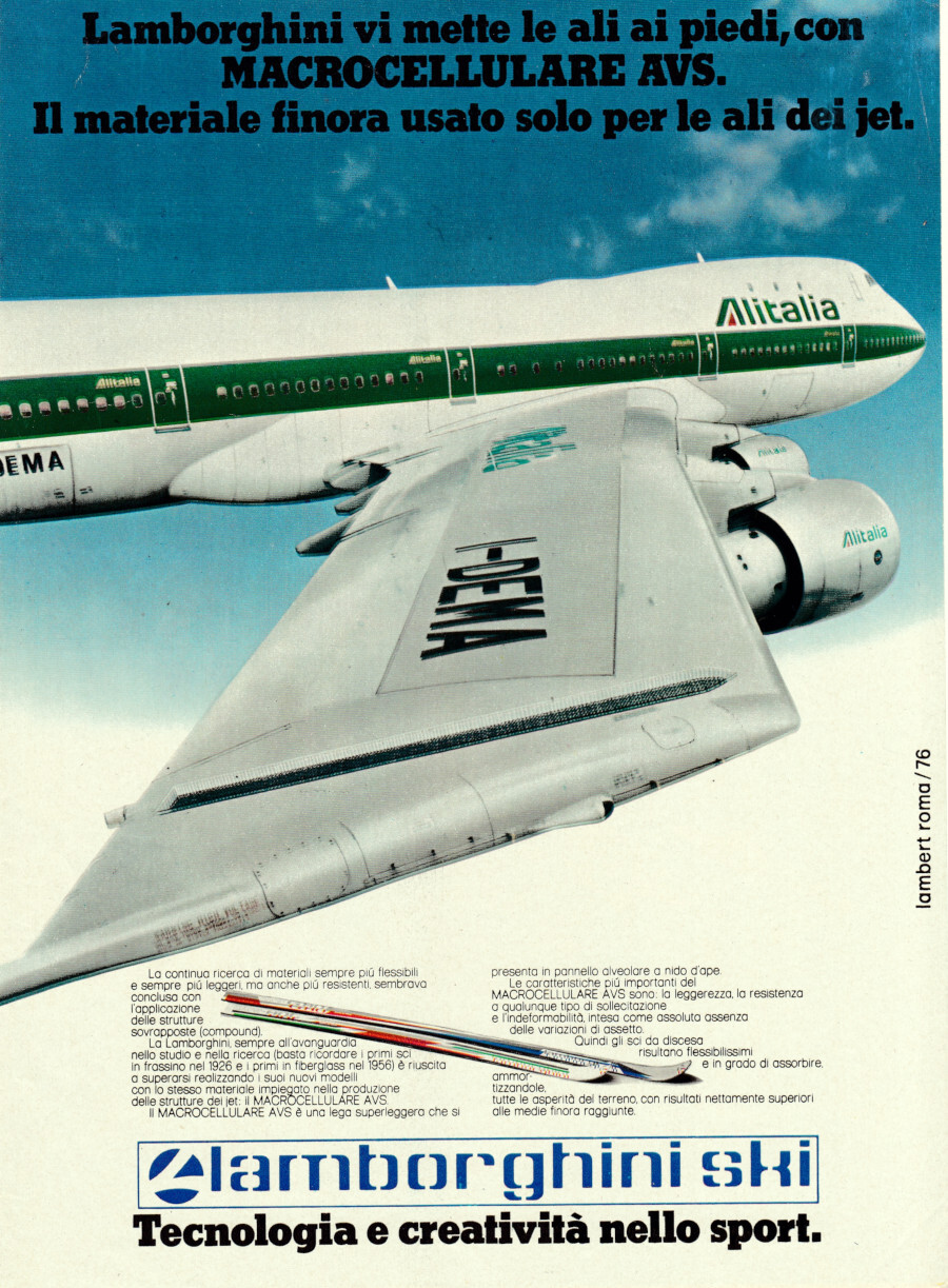 Lamborghini Ski. Tecnologia e creatività nello sport. Advertising 1977