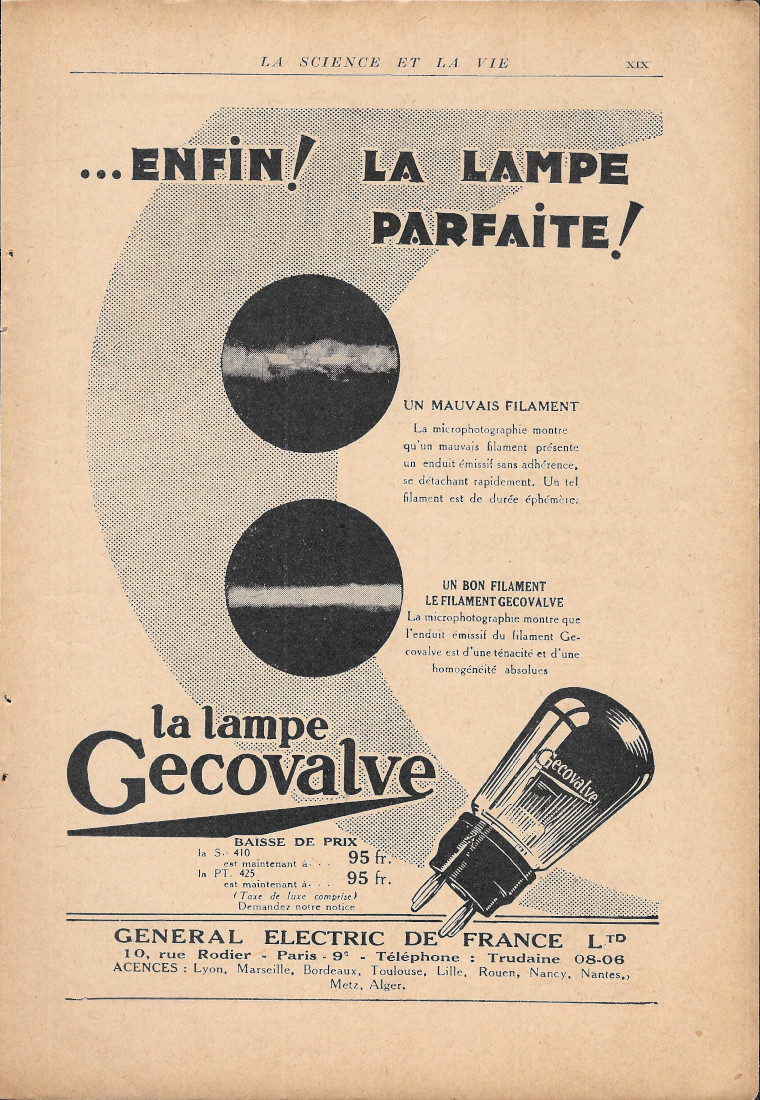 Lampe Gecovalve, General Electric de France - Advertising 1930