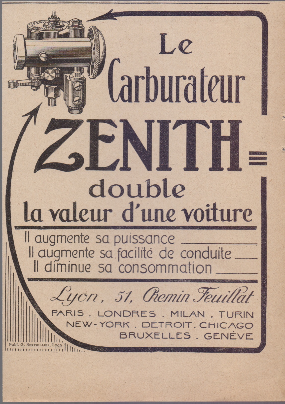 Le carburateur Zenith souble le valeur d'une voiture. Advertising 1920
