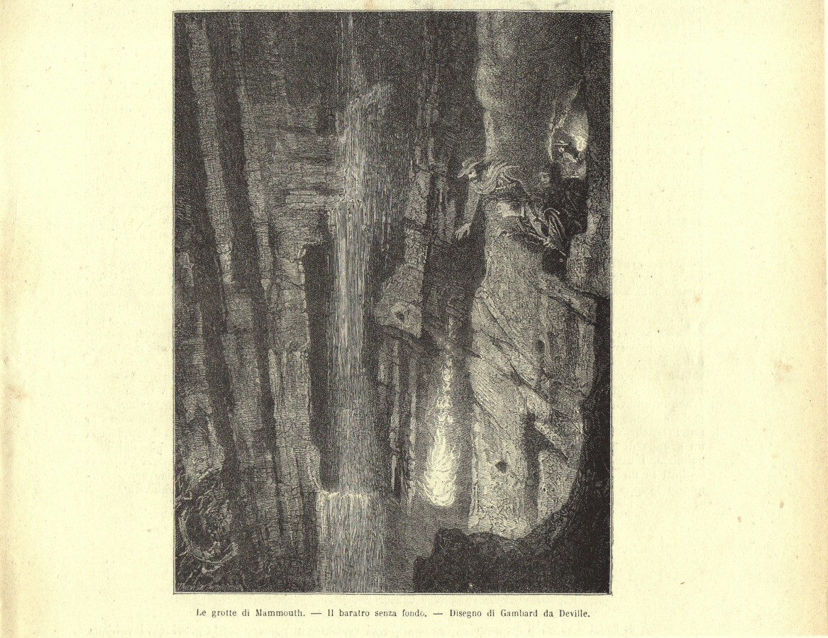 Le grotte di Mammouth. Il baratro senza fondo. Stampa 1863.
