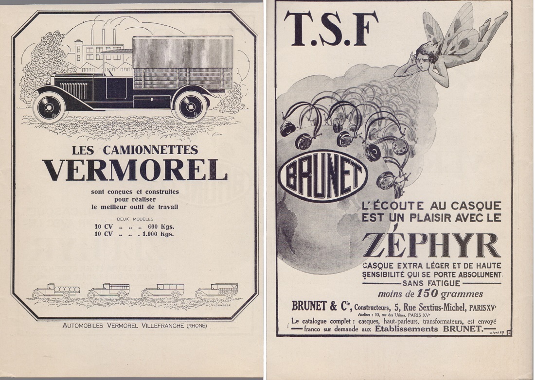 Les camionnettes Vermorel/TSF Zephir. Brunet. Advertising 1925
