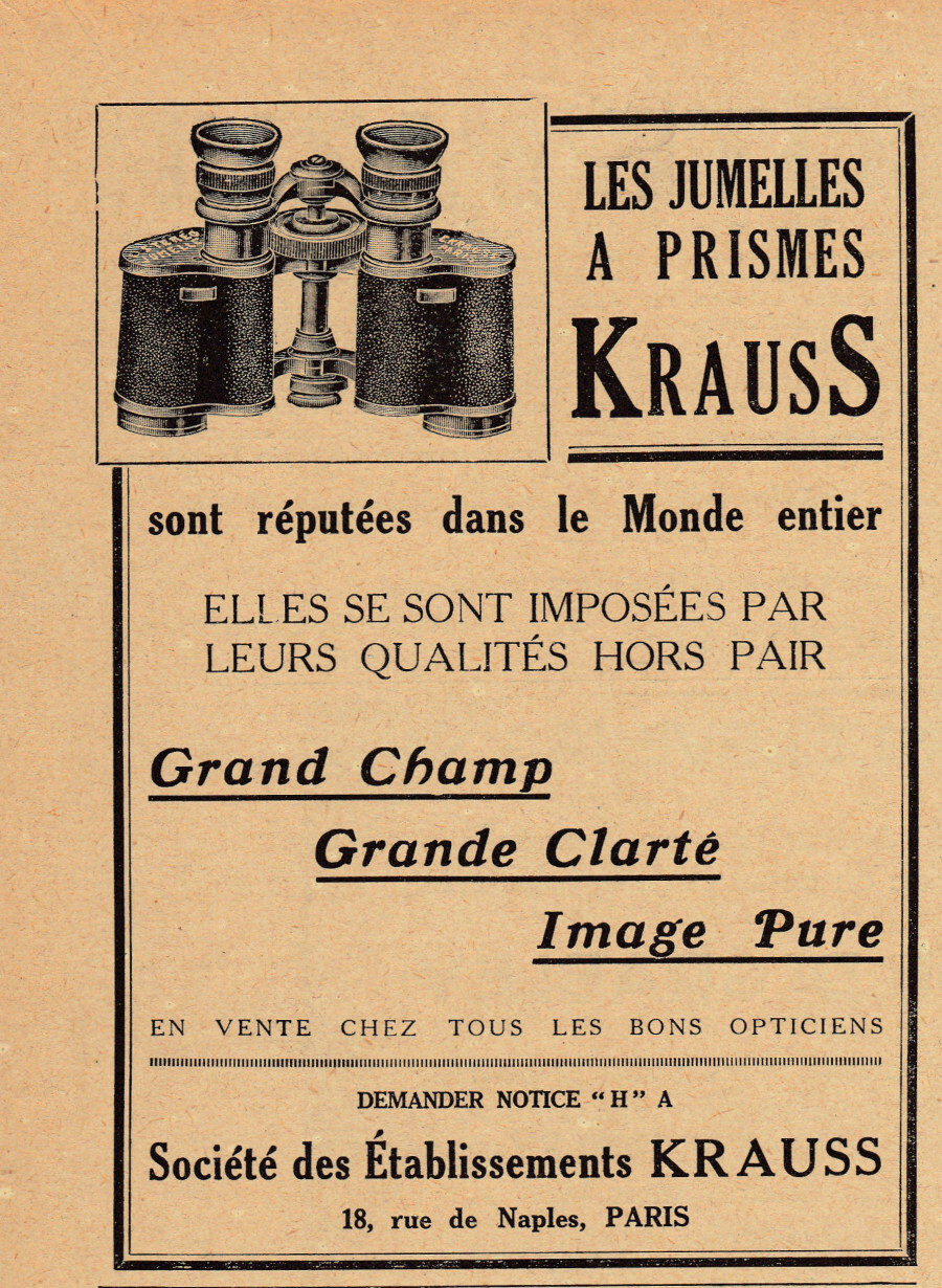 Les jumelle a prismes Krauss. Advertising 1927