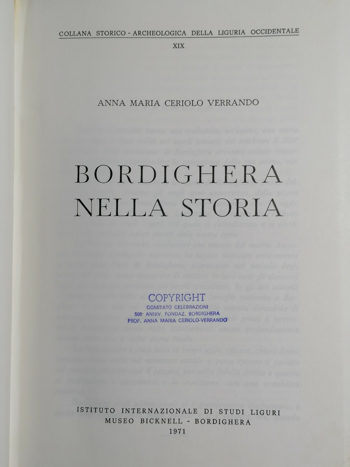 LIBRO Anna Maria CERIOLO VERRANDO Bordighera nella storia 1971