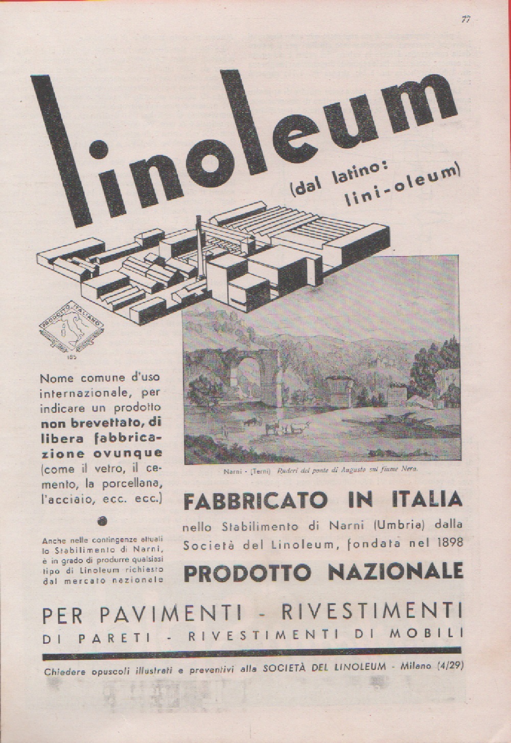 Linoleum. Pavimenti rivestimenti. Advertising 1937
