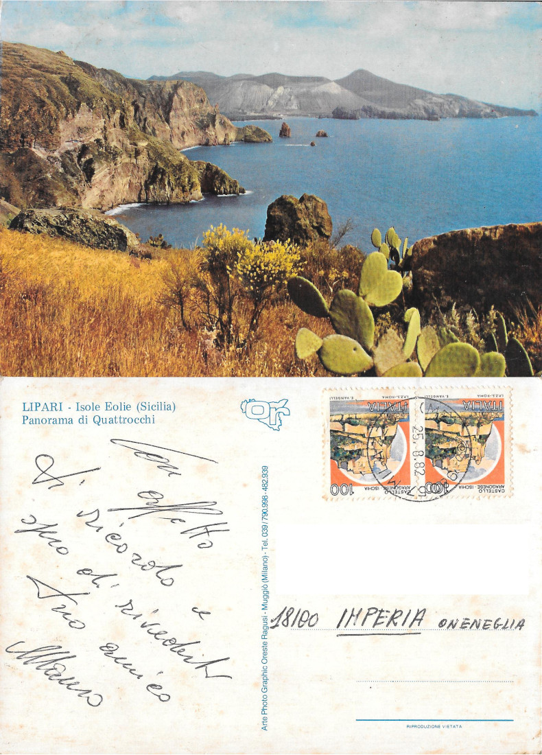 Lipari (Isole Eolie). Panorama di Quattrocchi. Viaggiata 1982