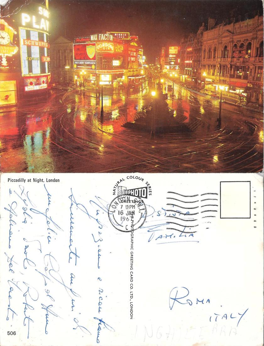 London. Piccadilly at Night . Viaggiata 1967