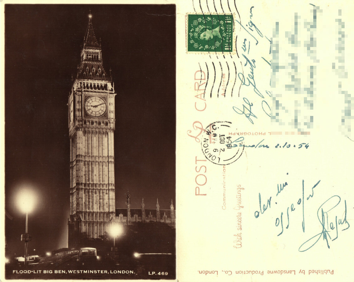 London. Westminster, Flood-Lit Big Ben. Viaggiata 1954