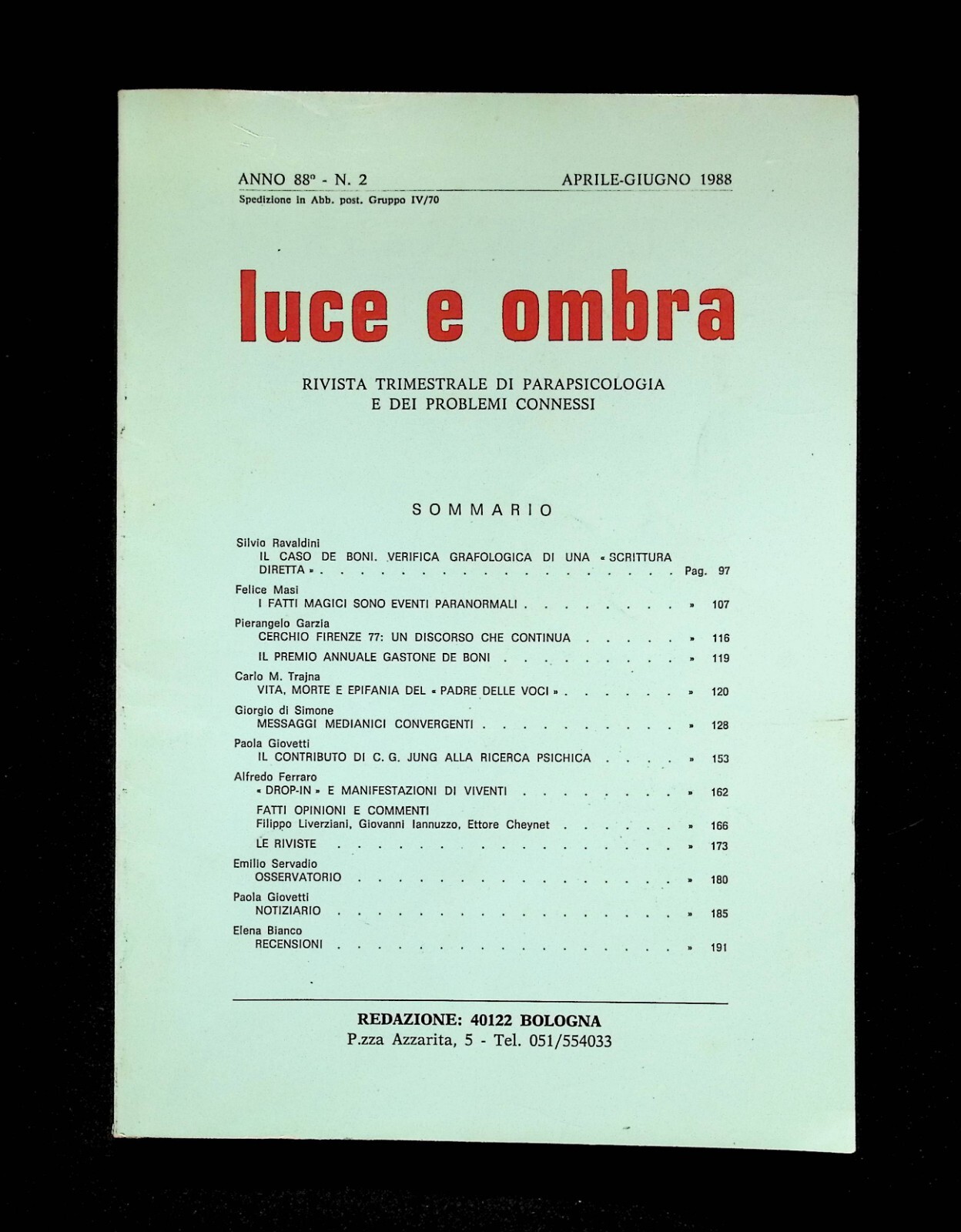 Luce e Ombra Rivista Trimestrale Parapsicologia Aprile Giugno 1988 N^ …