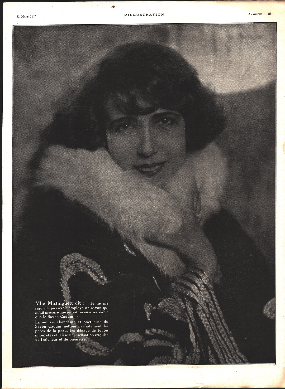 M.lle Mistinguette. Savon Cadum. Advertising 1925
